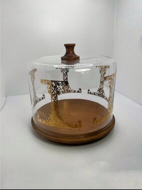 Vintage Mid Century Pyrex Glass Cheese Dome with Wooden Serving Base Server EUC